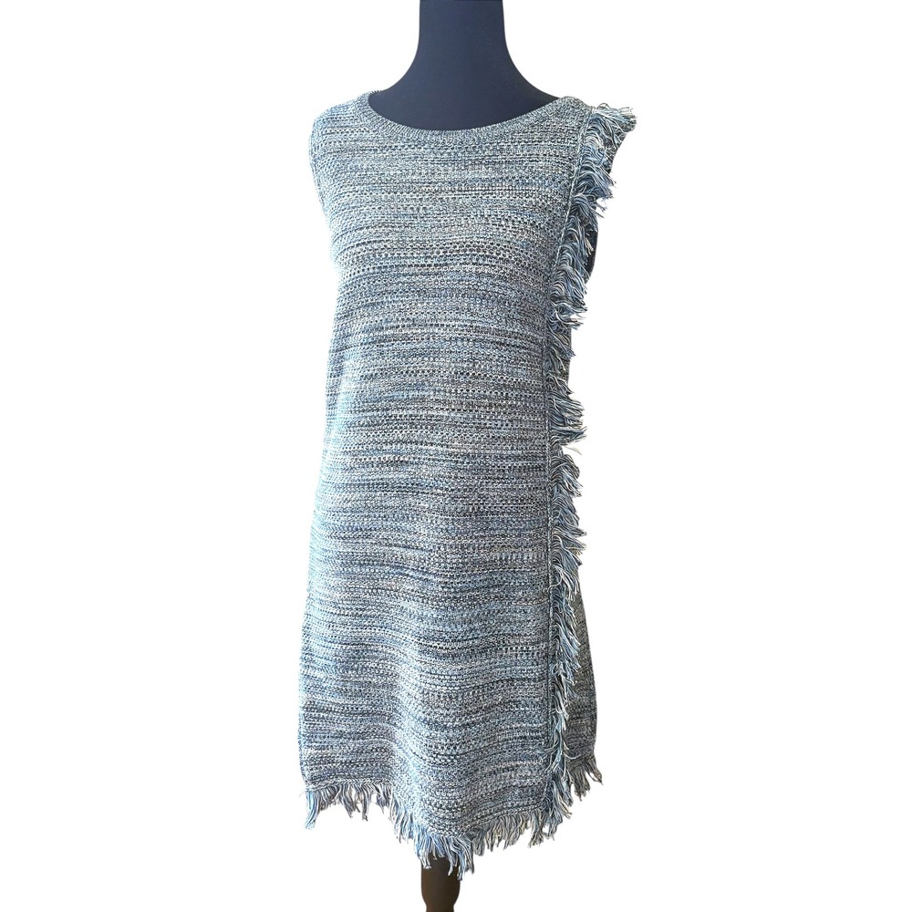 Anthropologie Holding Horses Fringe Tweed Knit Sleeveless Dress‎ Blue White Sz S